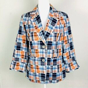 Madison Hill Women Madras Plaid Blazer 3/4 Sleeves Cotton Lightweight Size 10